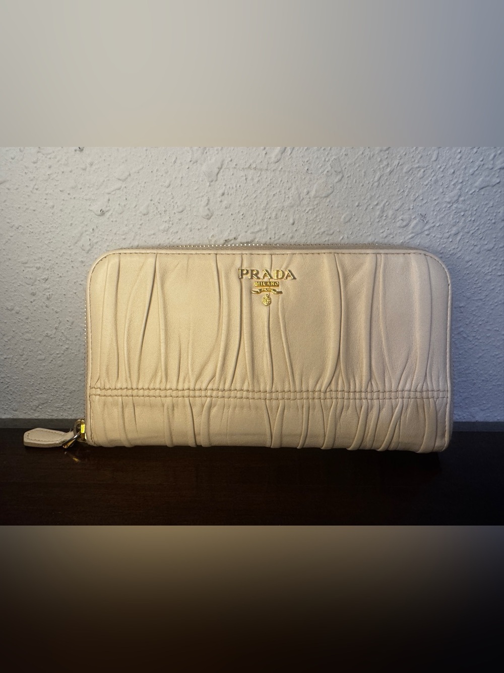 Prada Cream Ruched Leather Clutch with Gold Logo